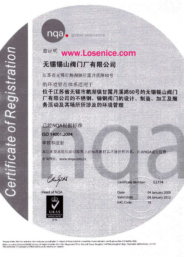 無錫(xi)錫閥ISO 14001:2004